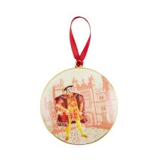 A round, hanging metal decoration featuring an illustrated image of Henry VIII and Hampton Court Palace