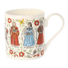 A white drinking mug with colourful illustrations of Henry VIII and his six wives alongside their names and a Tudor rose pattern.