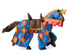 Children's toy horse figurine in blue and red fleur de lys tournament armour