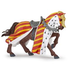 Children's toy horse figurine in red and yellow tournament armour