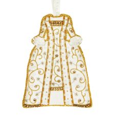 A white fabric mantua dress shaped hanging decoration featuring beads, diamante's, lace and gold cord