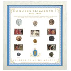 Blue and white framed Queen Elizabeth II stamp and coin set