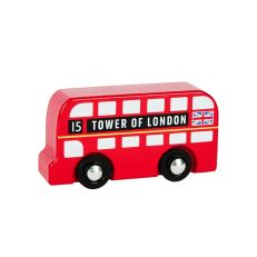 Wooden toy red double-decker bus