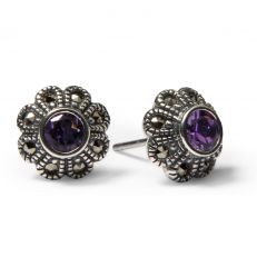 Amethyst and marcasite flower stud earrings