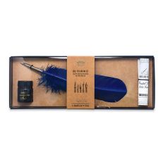 Blue feather quill set with black ink