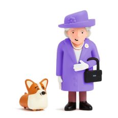 A collectable figurine of Queen Elizabeth II and a Corgi dog. The queen is wearing a purple coat and hat and carrying a black purse. 