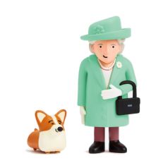 A figurine of Queen Elizabeth II wearing a green coat and hat with a black purse, alongside a smaller figurine of a corgi dog. 