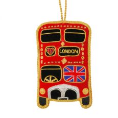 Red London bus fabric hanging decoration with Union Jack and trimmed with gold cord