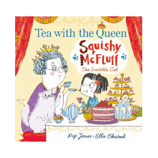 Illustrated book cover of the Queen Elizabeth II having tea and cakes with a child