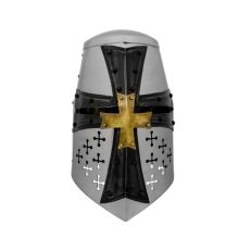 A knight's helmet with a black cross design and a gold cross in the centre