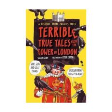 The front cover of "Terrible True Tales from the Tower of London: As told by the Ravens". The cover is yellow and features illustrations of the White Tower, a Beefeater and the ravens. 