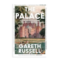 A  book cover with an illustration of Hampton Court Palace with the title, "The Palace" in bold white letters. 