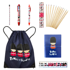 Bundle of tower icons bag, notebook, ruler, pens and pencils
