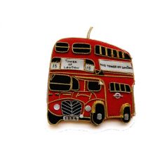 Red fabric with gold embroidery 'Tower of London' bus hanging decoration