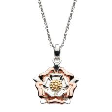 A sterling silver pendent necklace in the shape of a Tudor rose with rose gold and yellow gold petal details. 