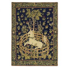 Captive unicorn tapestry on a navy background with a green floral pattern