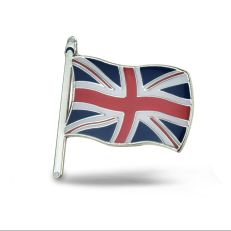 An enamelled metal Union Jack flag pin badge in red, white and blue. 