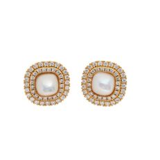 A pair of circular stud earrings with Pearls in the centre and surrounded by Cubic Zirconia with gold-plated mounts. 