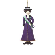 Fabric suffragette hanging decoration wearing a purple coat and 'votes for women' sash 