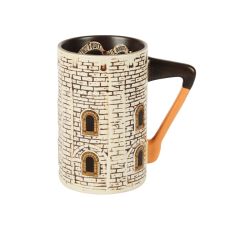 Cream and black mug in style of old brick building with axe handle