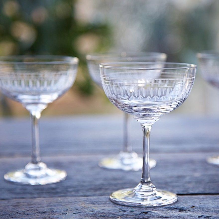 Vintage style Ovals engraved champagne saucers inspired by 1920 s coupes set of 2
