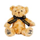 Tower of London Palace Bear 20cm - A light brown bear wearing a navy blue ribbon with 'Tower of London' written in gold. A navy blue crown is embroidered on one foot and 'Tower of London' on the other. 