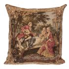 Tapestry cushion portraying two women listening to a man playing an instrument
