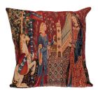 Medieval style tapestry cushion with two women, harp and unicorn