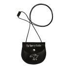 Black leather pouch bag with silver 'Tower of London' text and raven illustration 