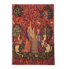 Medieval style tapestry with two woman playing a harp and a unicorn and loin