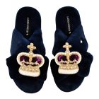 Crown Slippers - Navy blue faux fur slippers with sequin purple & gold crowns made up of faux gems. 