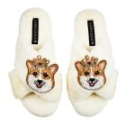 Fluffy white slippers with sparkly corgi brooch