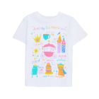 White t-shirt with colourful illustrations of cats, frogs, castles, stars, carriages and crowns