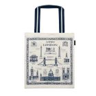 A white and blue tote bag featuring popular London landmarks