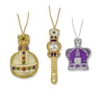 A set of three mini, fabric Crown Jewels hanging decorations featuring the Royal Orb, Sceptre and Crown of India