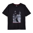 A dark grey short sleeved t-shirt with a raven set against the White Tower printed on the chest. The print features graffiti found at the Tower of London. And red text at the bottom reads, Tower of London. 