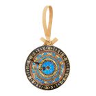A blue, black and gold astronomical clock hanging decoration with the signs of the Zodiac and a gold ribbon. 