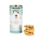 Gold and blue biscuit tin with biscuits on the side
