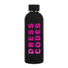 A matte black, metal water bottle with a screw-top lid. With bright-pink text reading, "Dress Codes". 
