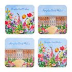 A set of four illustrated coasters of the South Front of Hampton Court Palace with colourful flowers in the foreground. 