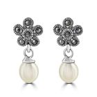 Flower Marcasite Earrings with Drop Pearl