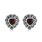 Garnet & Marcasite Heart Stud Earrings