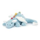 A Jellycat plush sky-blue dragon toy with white wings and ears and rainbow spines down it's back.