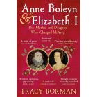 A red book cover with the book title in white and two painted images of Elizabeth I and Anne Boleyn bordered by entwined branches with Tudor rose flowers. 