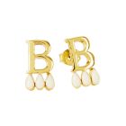 A pair of gold coloured earrings in the shape of the letter "B" with three faux-pearl drops beneath each one