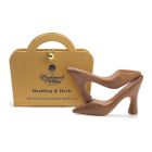 Two chocolate bars in the shape of a stiletto heel. They come packaged in a gold box in the shape of a handbag.