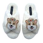 Fluffy white slippers with sparkly corgi brooch