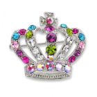 Crown brooch in silver with multicoloured crystals
