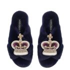 Crown Slippers - Navy blue faux fur slippers with sequin purple & gold crowns made up of faux gems.