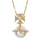 A pearl mounted inside a gold band with a royal cross detail. Embellished with crystals and with a gold chain.